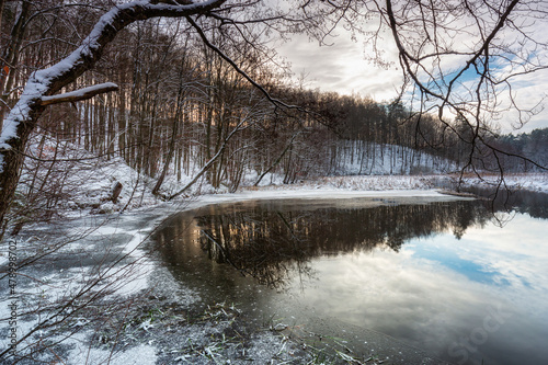 Winter landscape of the Radunia river and forest in Kashubia. Poland