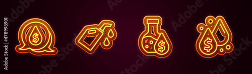 Set line Oil drop with dollar symbol, Canister for motor machine oil, petrol test tube and . Glowing neon icon. Vector