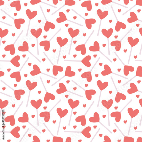 Vector seamless pattern with heart shaped lollipops on white. Great for fabrics,  Valentine's day  wrapping papers.