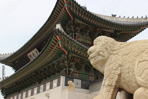 Haetae Statue and front view of Gyeongbokgung Palace, Seoul, South Korea