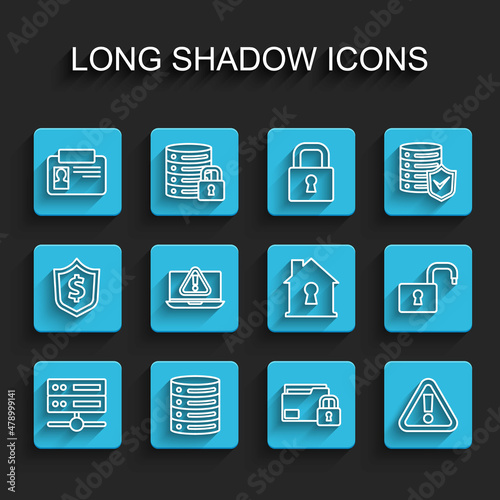 Set line Server, Data, Web Hosting, Identification badge, Folder and lock, Exclamation mark triangle, Laptop with exclamation, Open padlock and House under protection icon. Vector