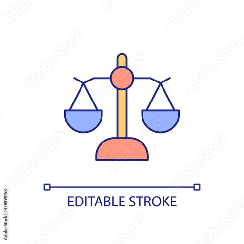 Balance RGB color icon. Justice and fairness metaphor. Trial and punishment symbol. Weight scales. Isolated vector illustration. Simple filled line drawing. Editable stroke. Arial font used