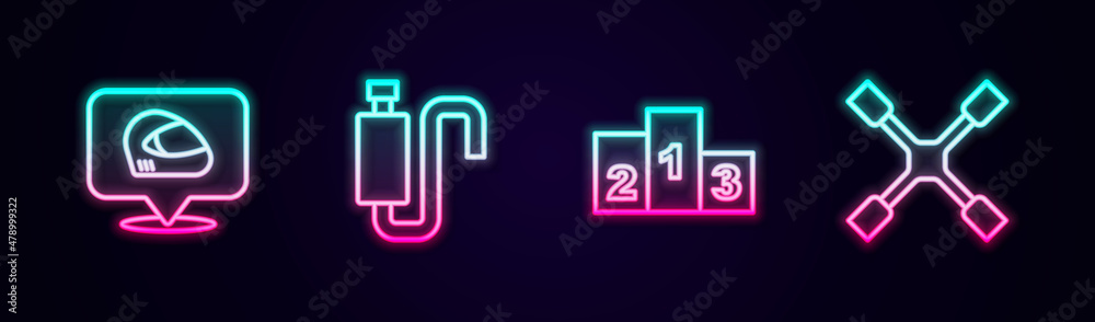 Set line Racing helmet, Car muffler, Award over sports winner podium and Wheel wrench. Glowing neon icon. Vector Set line Racing helmet, Car muffler, Award over sports winner podium and Wheel wrench. Glowing neon icon. Vector