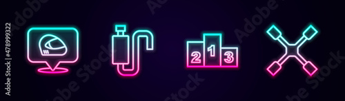 Set line Racing helmet, Car muffler, Award over sports winner podium and Wheel wrench. Glowing neon icon. Vector