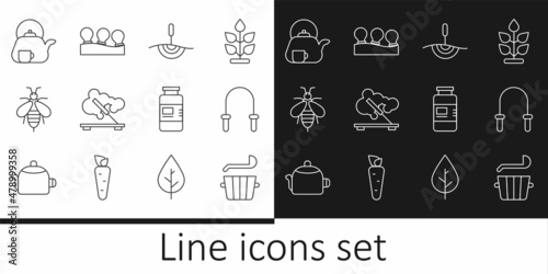 Set line Sauna bucket and ladle, Jump rope, Acupuncture therapy, Scented spa stick, Bee, Teapot with, Collagen serum and Vacuum cans icon. Vector