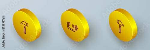 Set Isometric line Hammer, Clamp and screw tool and icon. Vector