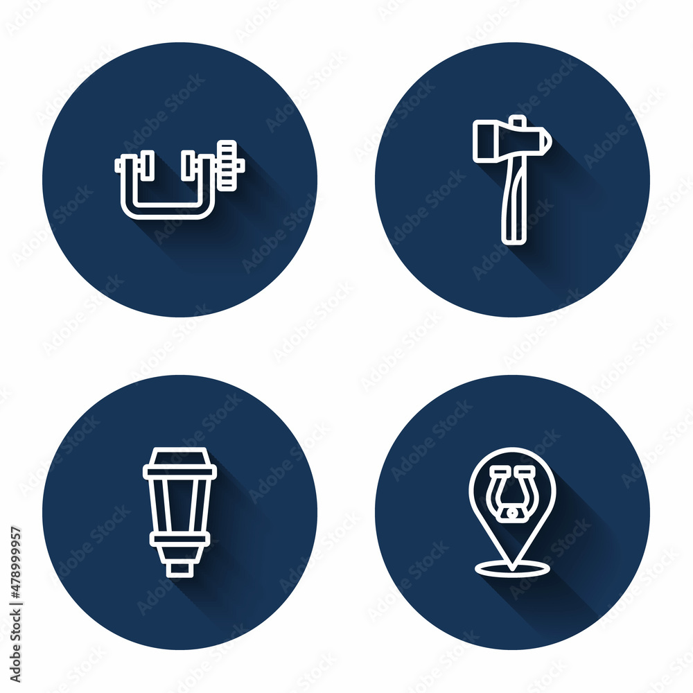 Set line Clamp and screw tool, Hammer, Garden light and Horseshoe with long shadow. Blue circle button. Vector Set line Clamp and screw tool, Hammer, Garden light and Horseshoe with long shadow. Blue circle button. Vector