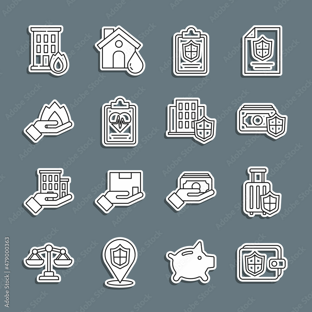 Set line Wallet with shield, Travel suitcase, Money, Document, Health insurance, Hand holding fire, Fire burning house and House icon. Vector Set line Wallet with shield, Travel suitcase, Money, Document, Health insurance, Hand holding fire, Fire burning house and House icon. Vector