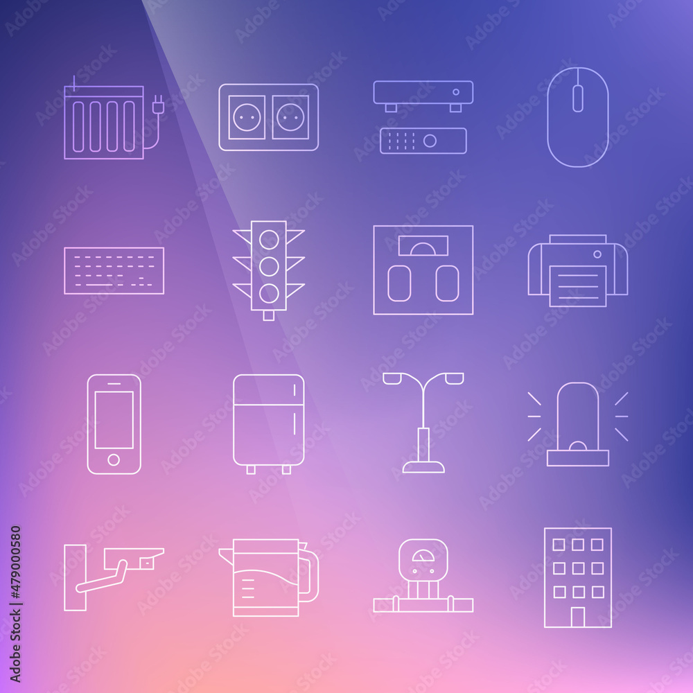 Set line House, Flasher siren, Printer, Multimedia and TV box, Traffic light, Keyboard, Heating radiator and Bathroom scales icon. Vector Set line House, Flasher siren, Printer, Multimedia and TV box, Traffic light, Keyboard, Heating radiator and Bathroom scales icon. Vector