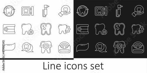 Set line Dental floss, Tooth treatment procedure, drill, with caries, Dentures model, whitening, and clinic location icon. Vector