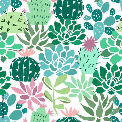 Cactus and succulent seamless pattern. Green floral background