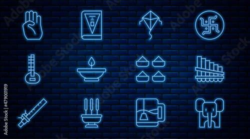Set line Elephant, Pan flute, Kite, Aroma lamp, Sitar, Indian symbol hand, spice and constitution day icon. Vector