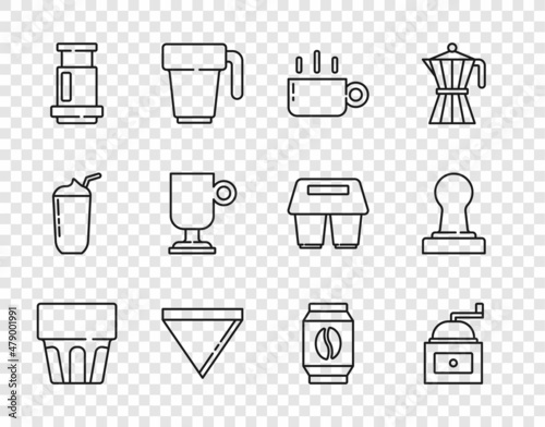 Set line Glass with water, Manual coffee grinder, Coffee cup, paper filter, Aeropress, Irish, Bag beans and tamper icon. Vector