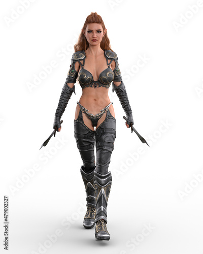 Fotografija A beautiful exotic fantasy dark elf warrior woman walking towards the camera armed with two daggers