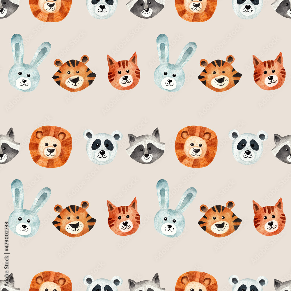 Animal faces, watercolor print. Seamless pattern. Childrens illustration
