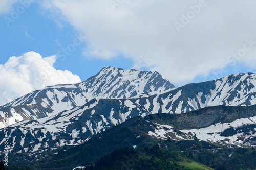 The mountains dominate the forests in Europe, in France, towards Beaufort, in the Alps, in summer, on a sunny day.