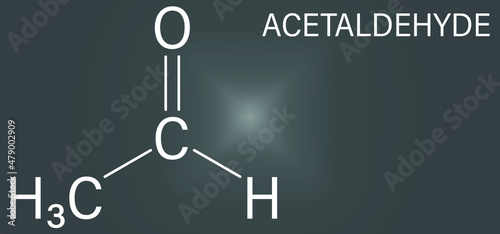 Acetaldehyde or ethanal molecule, chemical structure. Acetaldehyde is a toxic molecule responsible for many symptoms of alcohol hangover. Skeletal formula.
