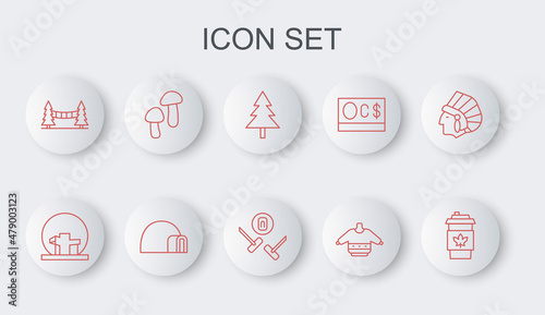Set line Coffee cup to go, Montreal Biosphere, Christmas tree, sweater, Capilano Suspension Bridge, Mushroom, Igloo ice house and Curling sport game icon. Vector