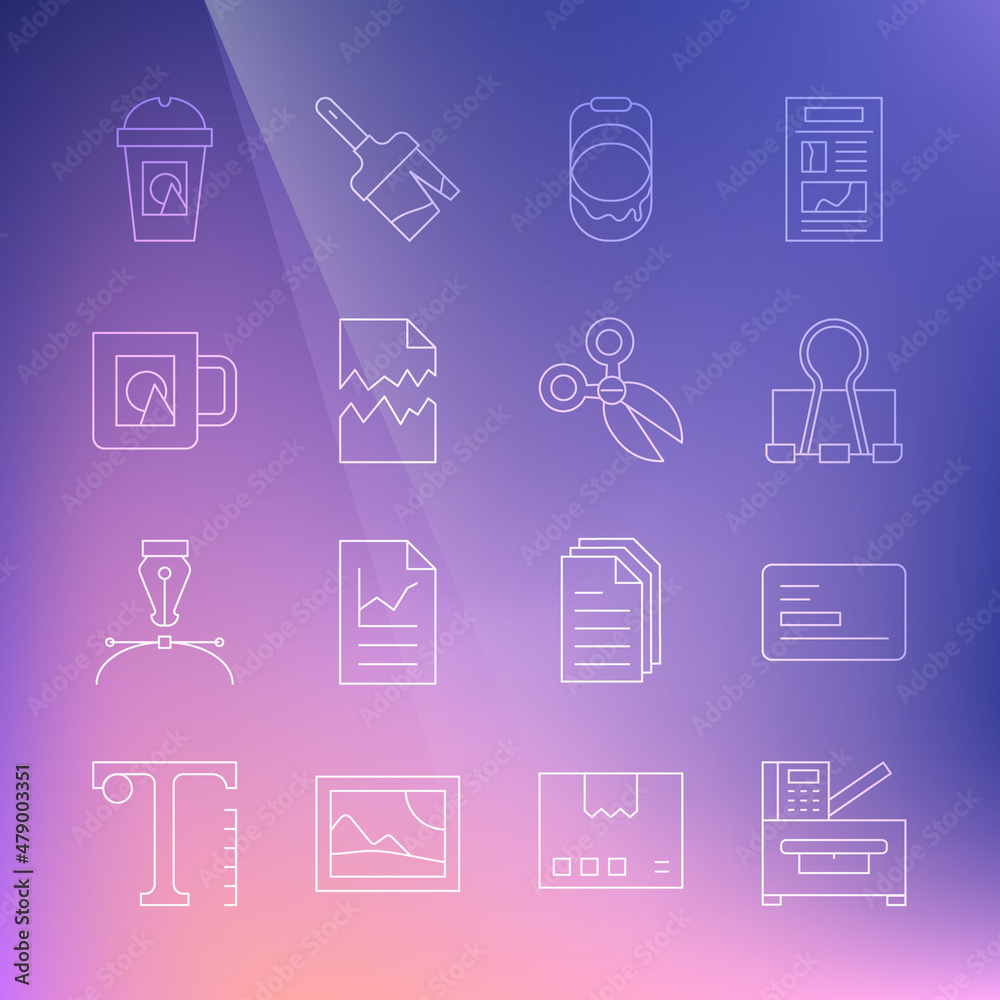 Set line Copy machine, Business card, Binder clip, Paint bucket, Torn document, Coffee cup, to go and Scissors icon. Vector Set line Copy machine, Business card, Binder clip, Paint bucket, Torn document, Coffee cup, to go and Scissors icon. Vector