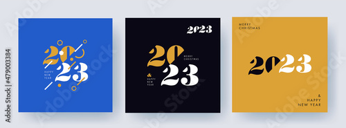 Creative concept of 2023 Happy New Year posters set. Design templates with typography logo 2023 for celebration and season decoration. Minimalistic trendy backgrounds for branding  banner  cover  card