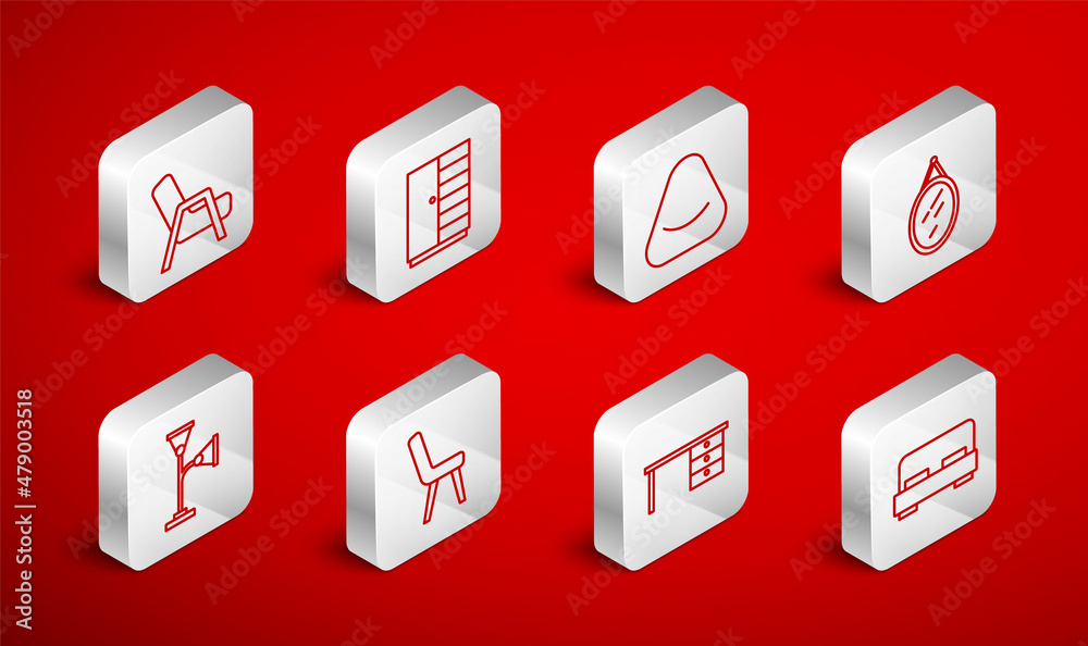 Set line Big bed, Wardrobe, Pouf, Mirror, Office desk, Armchair, and Floor lamp icon. Vector Set line Big bed, Wardrobe, Pouf, Mirror, Office desk, Armchair, and Floor lamp icon. Vector