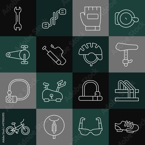 Set line Bicycle shoes, parking, seat, Gloves, air pump, chain with gear, Wrench spanner and helmet icon. Vector