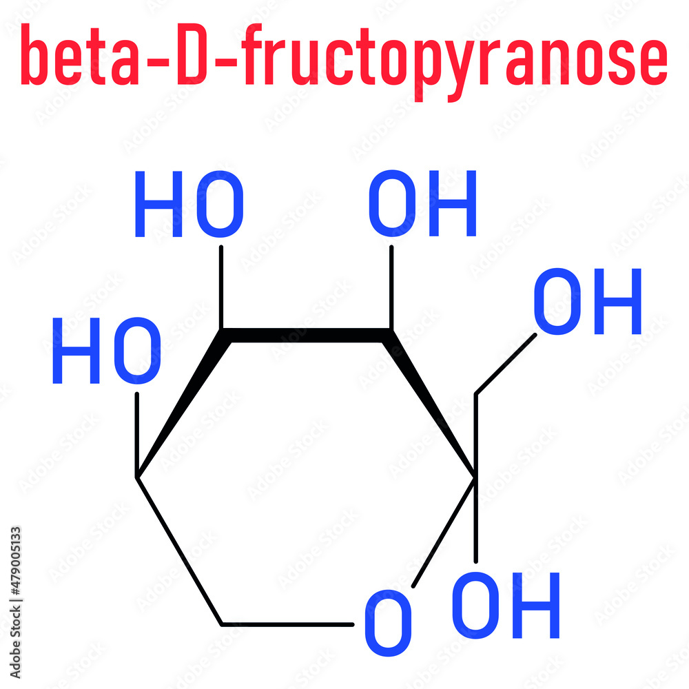 Fructose or D-fructose fruit sugar molecule. Component of high-fructose corn syrup - HFCS. Skeletal formula. Fructose or D-fructose fruit sugar molecule. Component of high-fructose corn syrup - HFCS. Skeletal formula.