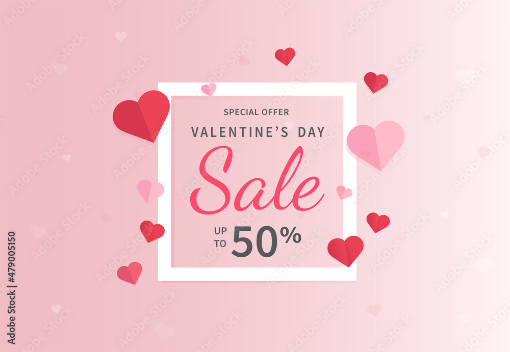 Valentine's day sales banner template. Valentine's Day design with red paper hearts. Design for postcards, flyers, advertising. Vector illustration.
