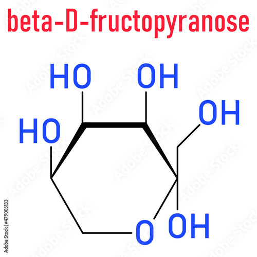 Fructose or D-fructose fruit sugar molecule. Component of high-fructose corn syrup - HFCS. Skeletal formula.