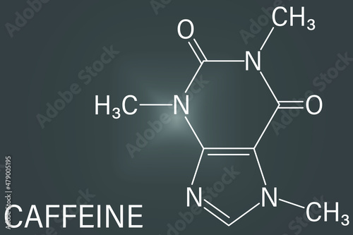 Caffeine stimulant molecule. Present in coffee, tea and many soft and energy drinks. Skeletal formula. photo