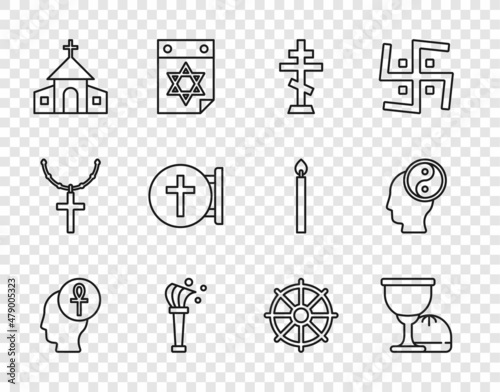 Set line Cross ankh, Holy grail or chalice, Christian cross, Aspergillum, Church building, Dharma wheel and Yin Yang icon. Vector