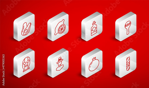 Set line Cigar, Lemon, Tequila bottle, Maracas, Tomato, Avocado fruit, Mexican man sombrero and wrestler icon. Vector