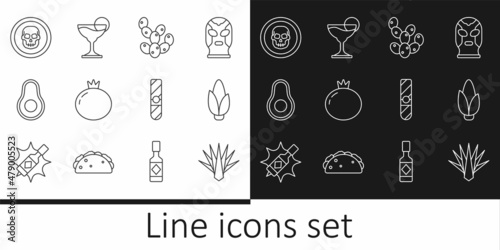Set line Agave, Corn, Cactus, Tomato, Avocado fruit, Mexican skull coin, Cigar and Margarita cocktail icon. Vector