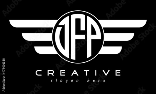 DFP three letter monogram type circle letter logo with wings vector template.