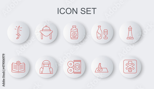 Set line No alcohol, Holy book of Koran, Bottle water, Muslim man prays, Arabian saber, Table food, woman in niqab and Traditional carpet icon. Vector