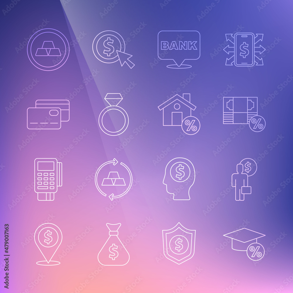 Set line Graduation cap and coin, Business man planning mind, Money percent, Bank building, Diamond engagement ring, Credit card, Gold bars and House with percant discount icon. Vector Set line Graduation cap and coin, Business man planning mind, Money percent, Bank building, Diamond engagement ring, Credit card, Gold bars and House with percant discount icon. Vector