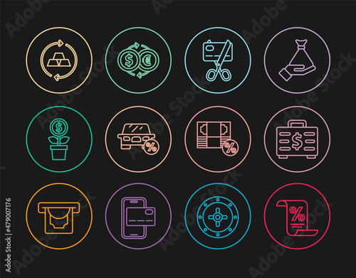 Set line Finance document, Briefcase and money, Scissors cutting credit card, Car leasing percent, Dollar plant, Gold bars, Money and exchange icon. Vector