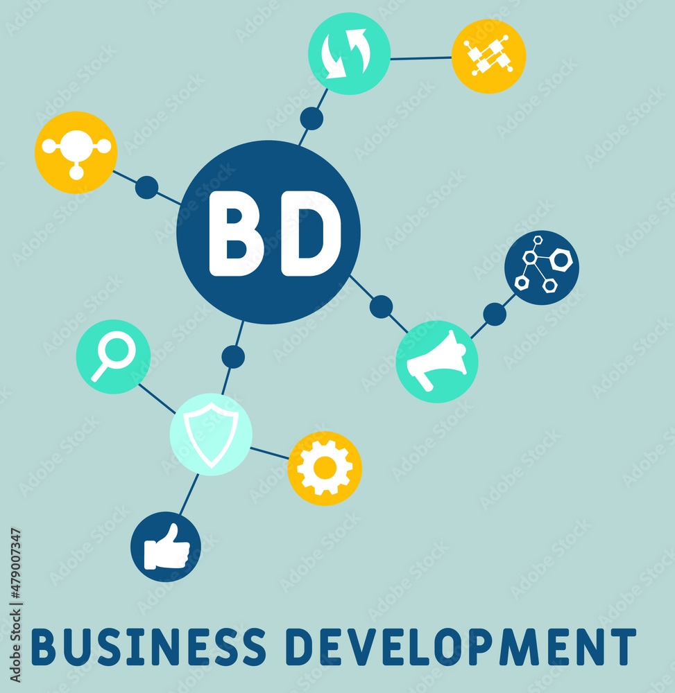 BD - Business Development acronym. business concept background. vector illustration concept with keywords and icons. lettering illustration with icons for web banner, flyer, landing pag BD - Business Development acronym. business concept background. vector illustration concept with keywords and icons. lettering illustration with icons for web banner, flyer, landing pag