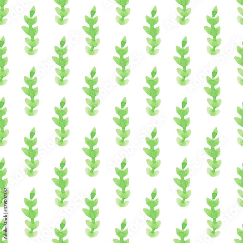 Seamless pattern with hand-drawn watercolor green branches with leaves on white. Summer  spring season. Organic  natural  freshness concept for textile  print  etc.