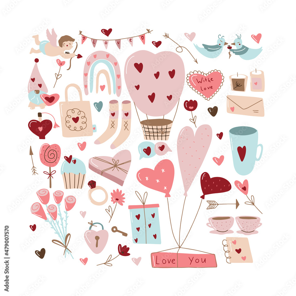 Set romantic elements Valentine's day. rainbow, heart and flowers. Vector