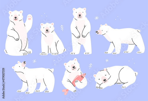 Set of polar bears characters in cute cartoon style. Vector isolated illustration. © Ekaterina Chemakina