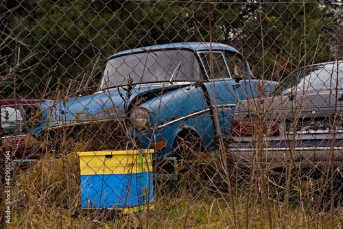 Stary zabytkowy samochód produkcji niemieckiej (opel ) i ul. Old historic German production car (Opel) and beehive