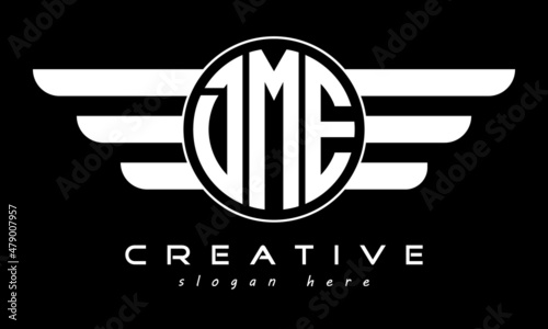 DME three letter monogram type circle letter logo with wings vector template. photo