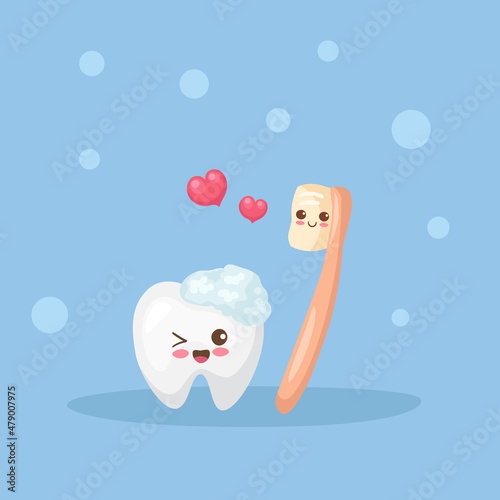 Cute happy little white tooth with bubbles and toothbrush. Healthy teeth, first tooth concept. Cartoon vector illustration. Use for children poster, print. Adorable comic oral hygiene design elements.