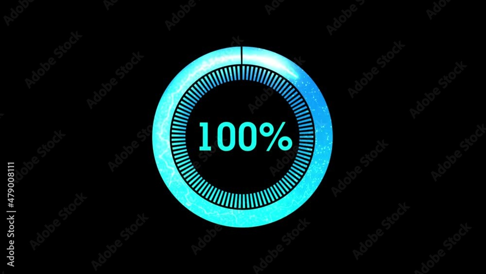 Battery indicator fills up to 100% from 0, animation loop isolated on black background with blue progress screen indicator