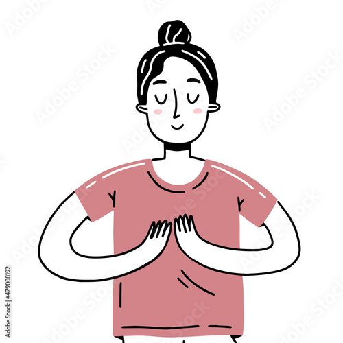 Young happy girl meditates. Vector character illustration in simple cute doodles style.