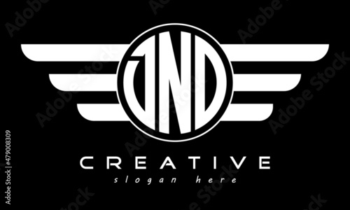DNO three letter monogram type circle letter logo with wings vector template.