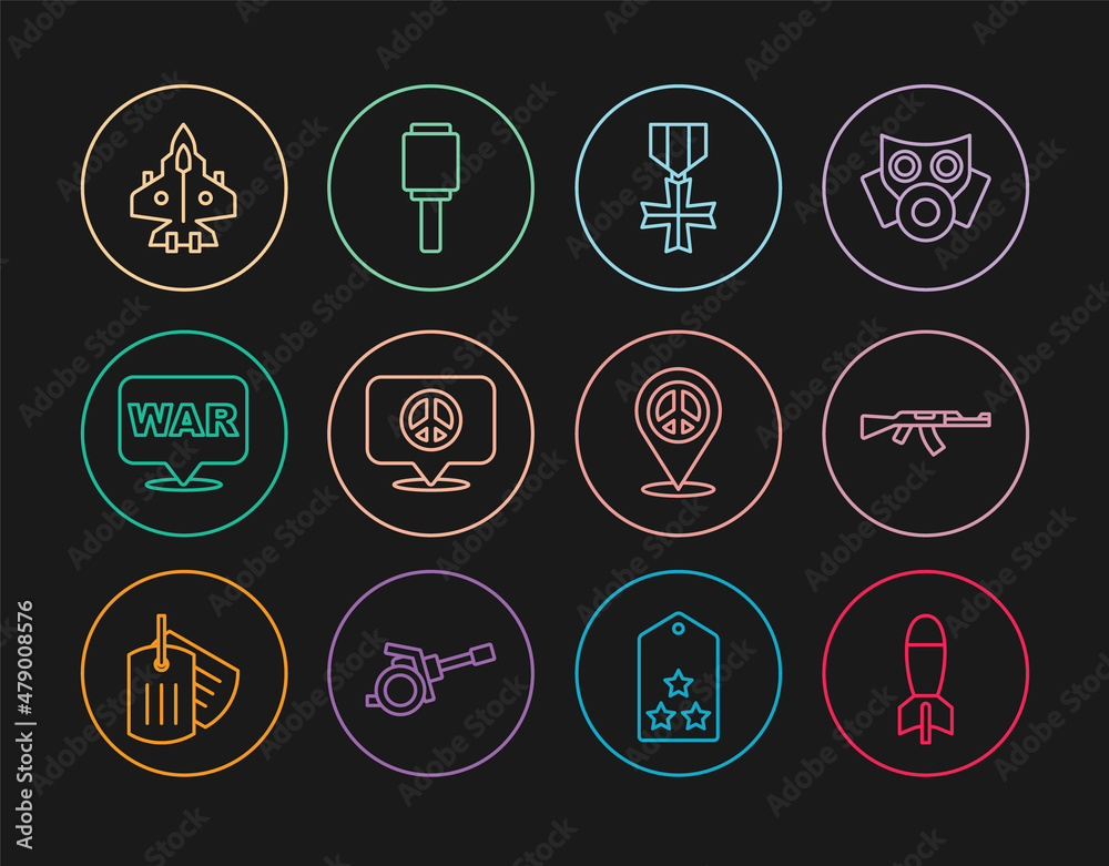 Set line Rocket launcher, Submachine gun, Military reward medal, Location peace, The word, Jet fighter, and Anti-tank hand grenade icon. Vector Set line Rocket launcher, Submachine gun, Military reward medal, Location peace, The word, Jet fighter, and Anti-tank hand grenade icon. Vector