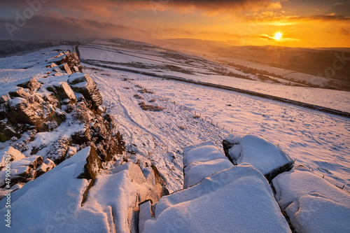 Windgather Rocks at sunset in winter, near Kettleshulme, Cheshire, Peak District National Park photo