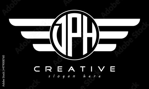 DPH three letter monogram type circle letter logo with wings vector template.
